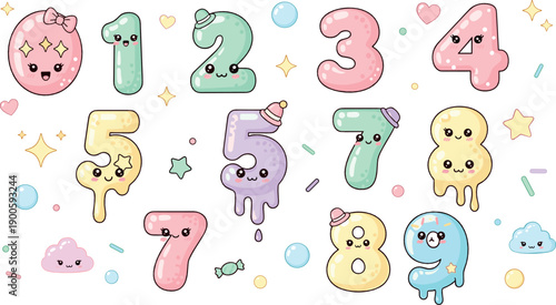 Cute Kawaii Pastel Number Characters Illustration Set with Smiling Digits Zero to Nine, Colorful Jelly Style, and Playful Educational Design for Kids