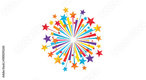Colorful starburst graphic with multicolored stars and lines on a white background, showcasing a vibrant and celebratory design element.