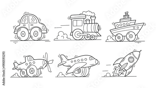 Vehicles Cartoon:  A playful collection of charming cartoon vehicles, each one representing a different mode of transport, ready to spark imagination and adventure.