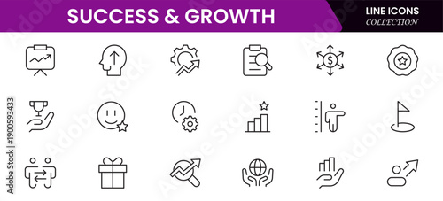 Success and growth web icons inline style. Handshake, growth profit, innovation, increase sale, coaching, progress, strategy, achievement, collection. Vector illustration.