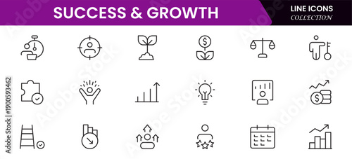 Success and growth web icons inline style. Handshake, growth profit, innovation, increase sale, coaching, progress, strategy, achievement, collection. Vector illustration.