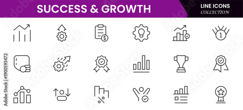 Success and growth web icons inline style. Handshake, growth profit, innovation, increase sale, coaching, progress, strategy, achievement, collection. Vector illustration.