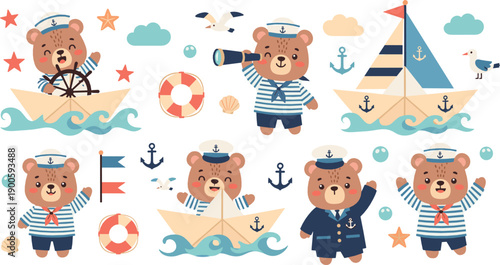Cute Kawaii Sailor Bear Illustration Set with Nautical Animals, Boats, Anchors, Lifebuoys, and Ocean Adventure Elements for Kids Designs