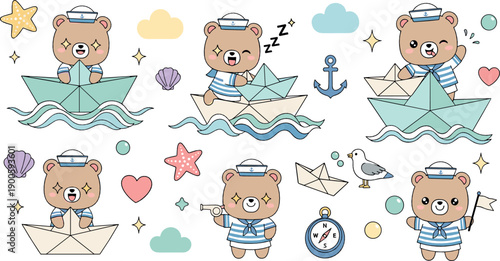 Cute Kawaii Sailor Bear Illustration Set with Paper Boats, Anchors, Waves, Compass, Shells, and Nautical Ocean Adventure Elements for Kids