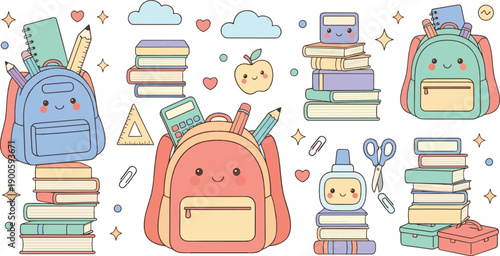 Cute Kawaii School Backpack Illustration Set with Smiling Bags, Books, Stationery, Scissors, Bottles, and Pastel Study Elements for Education Designs