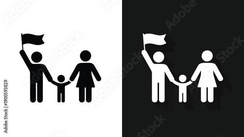 Family Holding Flags Icon Unity Freedom and Human Rights Concept
