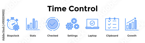 Time Control Banner Web Icon Vector Illustration Concept For Stopclock, Stats, Checked, Settings, Laptop, Clipboard, Growth