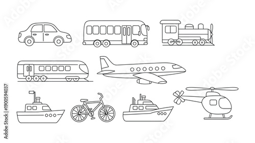 Transportation Doodle Collection: A comprehensive set of doodle-style illustrations showcases various modes of transportation, ideal for educational and design projects.