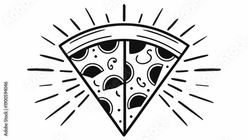 A slice of pizza with various toppings radiating lines, isolated illustration, top viewpoint, simple design