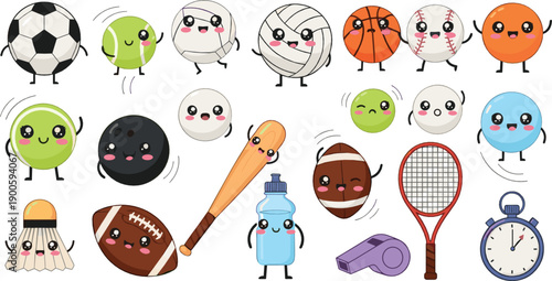 Cute Kawaii Sports Balls and Equipment Illustration Set with Smiling Soccer, Basketball, Tennis, Baseball, Racket, Whistle, and Timer Icons