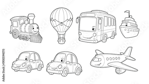 Cute Transport Collection: A delightful illustration showcases a variety of transport modes, from a cheerful train to a sleek airplane, all with charming smiles and inviting aesthetics.