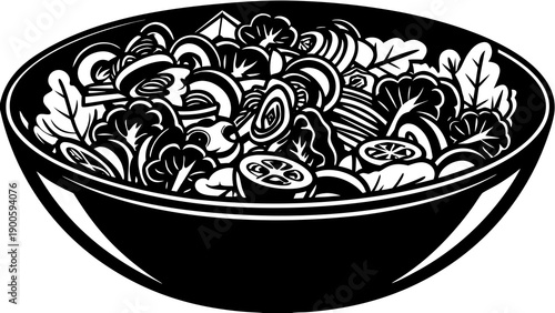 Delicious salad in a bowl, fresh vegetables and fruits, healthy eating, top view, graphic illustration