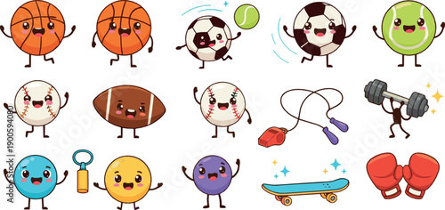Cute Kawaii Sports Balls and Fitness Equipment Illustration Set with Smiling Characters, Boxing Gloves, Jump Rope, Dumbbells, and Skateboard Icons