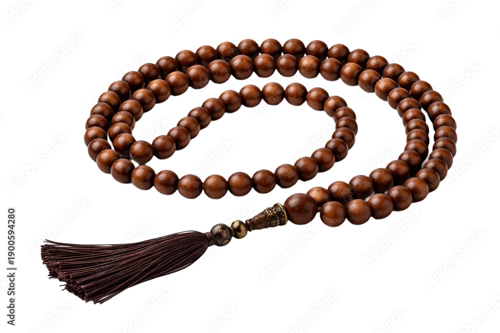 Obraz premium Wooden prayer beads with tassel on transparent background