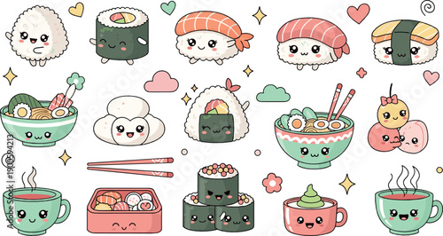 Cute Kawaii Sushi and Japanese Food Illustration Set with Smiling Nigiri, Maki Rolls, Rice Balls, Ramen Bowls, Tea Cups, and Adorable Food Characters