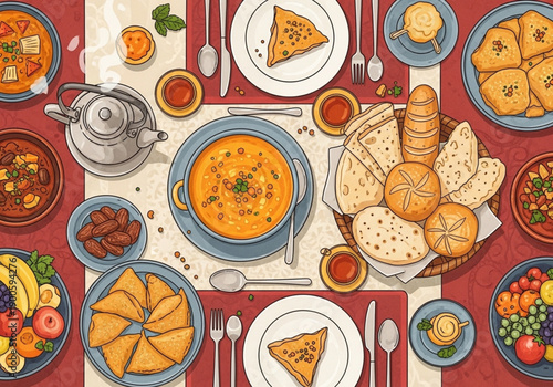 Overhead view of a richly prepared meal setting, featuring an abundant array of diverse dishes, fresh fruits, various baked breads,