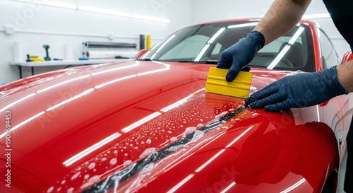Applying clear paint protection film to red car hood with squeegee, automotive detailing service