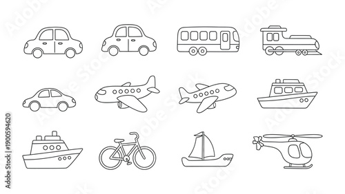 Transportation Icons: A collection of simple, black and white line art illustrations showcasing various modes of transportation. 