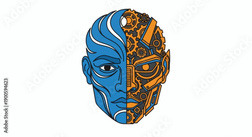 Illustration of a human head transitioning into a robotic face, showcasing the fusion of technology and humanity from a frontal perspective in a detailed graphic.