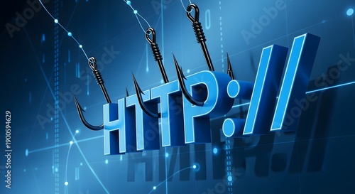3D Rendering of Phishing Attack Concept with Hooks and HTTP Symbols