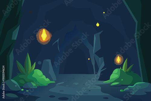 Dark Cave Entrance With Glowing Glyphs And Fireflies