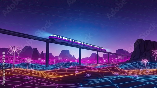Futuristic high-speed train traversing a neon-lit digital landscape with vibrant color contrasts