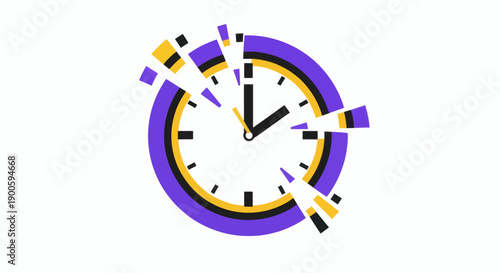 A broken clock face with shattered glass and vibrant purple and yellow fragments scattered around, viewed from a straightforward perspective, depicting a modern timepiece in disarray.