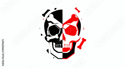 A stylized illustration of a skull with a split design, featuring black and red hues, symbolizing danger and warning, viewed from a straightforward perspective.