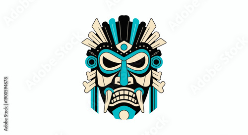 Ancient tribal mask with intricate designs and feathers, representing cultural heritage and mysticism, depicted in a stylized illustration.