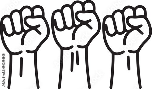 Three clenched fists symbolizing unity and solidarity in black and white
