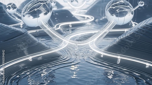 futuristic high-tech abstract design with reflective metallic spheres and glowing light trails