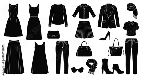 Black silhouettes of various clothing items and fashion accessories displayed