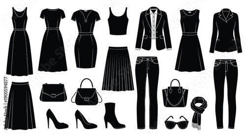Collection of black clothing items and accessories on a white background