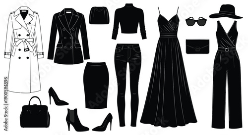 Fashion collection of black and white clothing shoes and accessories