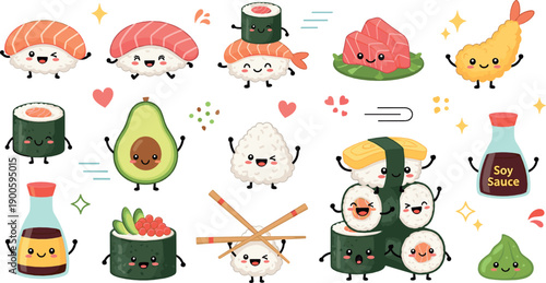 Cute Kawaii Sushi Food Illustration Set with Smiling Nigiri, Maki Rolls, Avocado, Soy Sauce, Rice, and Playful Japanese Cuisine Characters