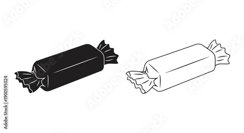 Two wrapped candies one dark one light in a simple line art style