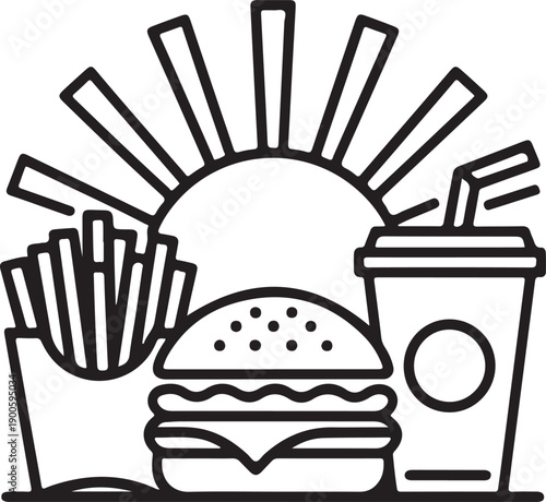 A delicious meal consisting of a burger, fries, and a drink under a radiant sun