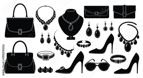 Black and white illustration of handbags jewelry shoes and accessories