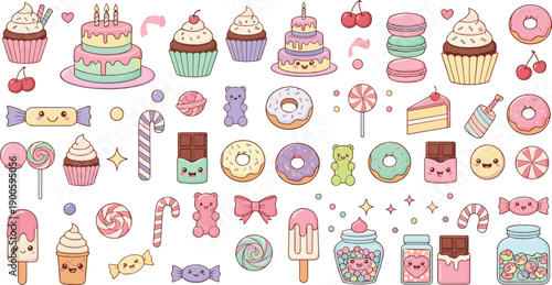 Cute Kawaii Sweets and Desserts Illustration Set with Cakes, Donuts, Candy, Macarons, Cupcakes, Lollipops, and Pastel Treats for Party Designs