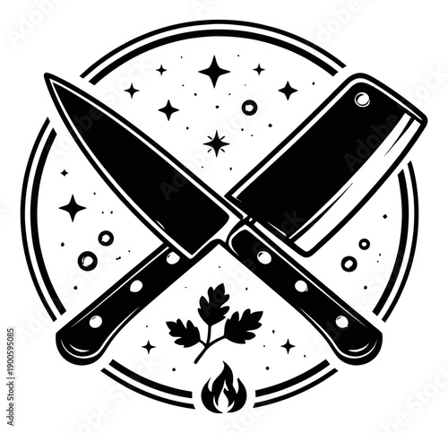 Line art illustration of crossed chef knife and cleaver depicting a culinary emblem for cooking and butchery