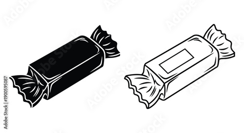 Two black and white illustrations of wrapped rectangular candies