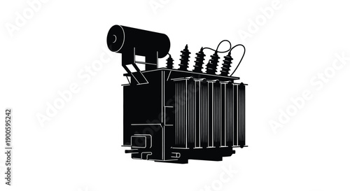 Silhouette of a large electrical transformer against a white background