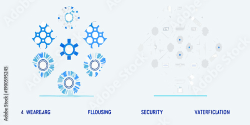 Abstract blue and gray shapes resembling gears and digital connections