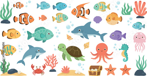 Cute Kawaii Underwater Sea Animals Illustration Set with Fish, Shark, Turtle, Octopus, Dolphin, Crab, Starfish, and Ocean Treasure Elements