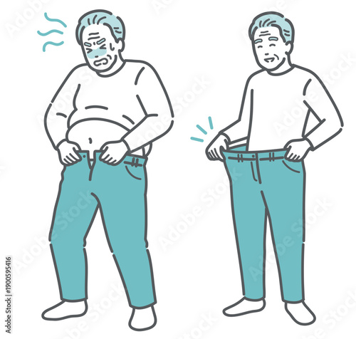 ダイエット・ビフォーアフターの高齢男性のイラストセット（肥満と減量成功・比較）