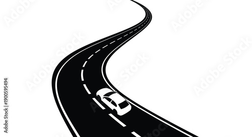 A curving road with a small car traveling along its path