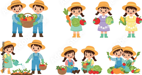 Cute kids farming and harvesting vegetables, happy children gardeners with fresh organic produce, agriculture and healthy food concept, colorful flat vector illustration set