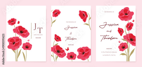 Poppy Flower Wedding Invitation set, floral invite thank you, rsvp modern card Design in Red flower with greenery branches decorative Vector elegant rustic template