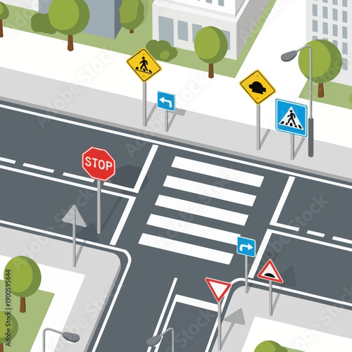 City Intersection with Traffic Signs and Pedestrian Crossing - Isometric View