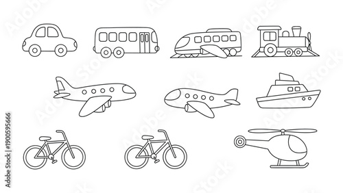 Vehicular Variety: A collection of simple, stylized illustrations showcasing various forms of transport, ideal for educational or design purposes.